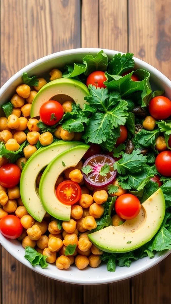 A vibrant kale harvest bowl with sweet potatoes, chickpeas, avocado, and cherry tomatoes on a wooden table.